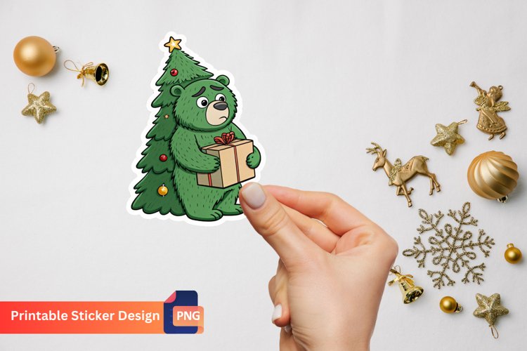 Funny Green Grumpy Christmas Bear, Christmas Bear Art example image 1
