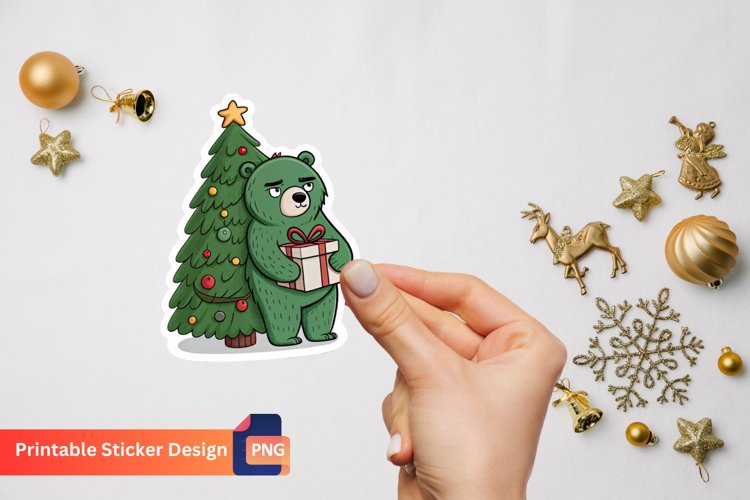 Funny Green Grumpy Christmas Bear, Christmas Bear Art example image 1