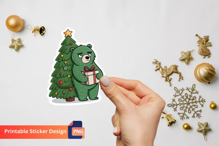 Funny Green Grumpy Christmas Bear, Christmas Bear Art