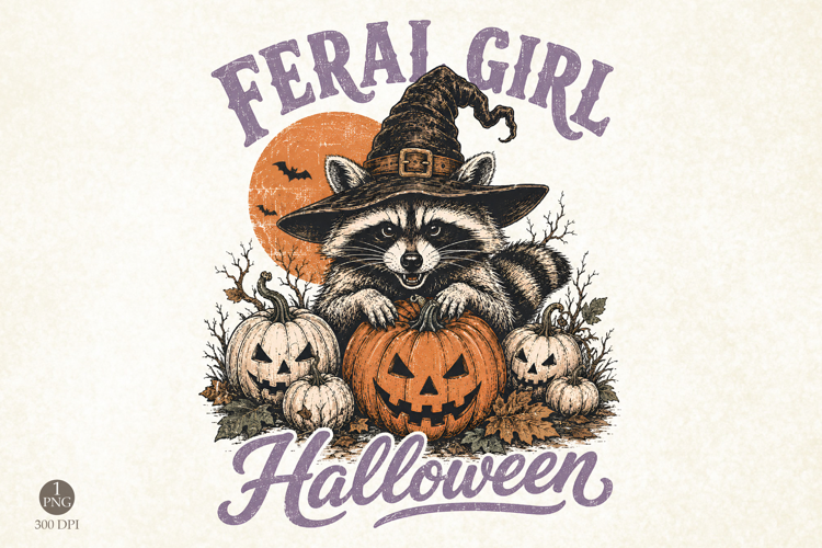 Funny Halloween Raccoon PNG, Retro Feral Girl Holiday Graphi