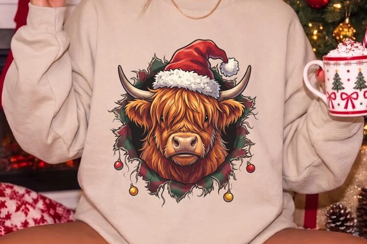 Funny Highland Cow Christmas PNG example image 1