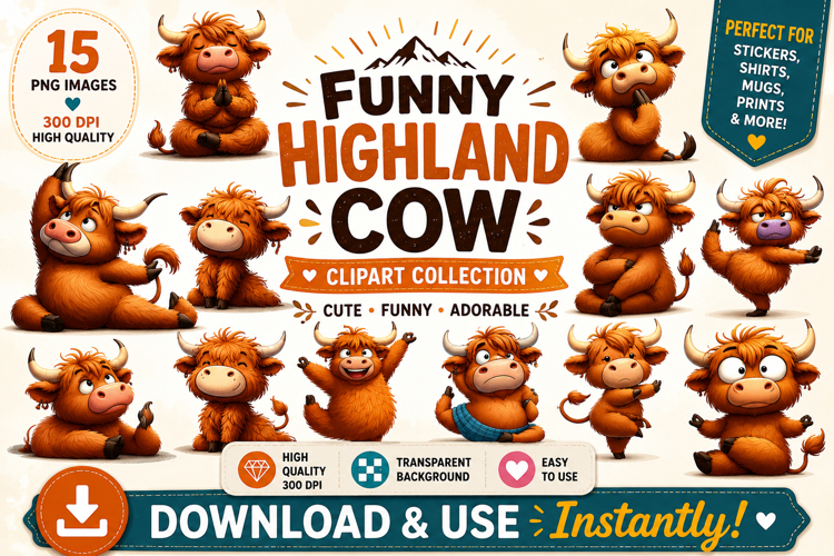 Funny Highland Cow Yoga PNG Clipart Bundle | 15 Designs