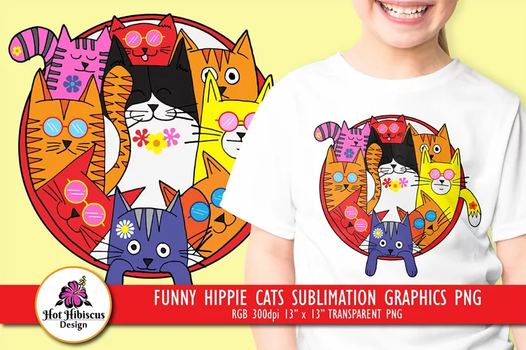 Hippie Cats Sublimation Graphics | Funny Cat Sublimation PNG