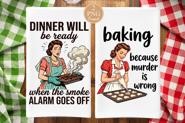 Funny Kitchen Towel, Retro Housewife Baking PNG
