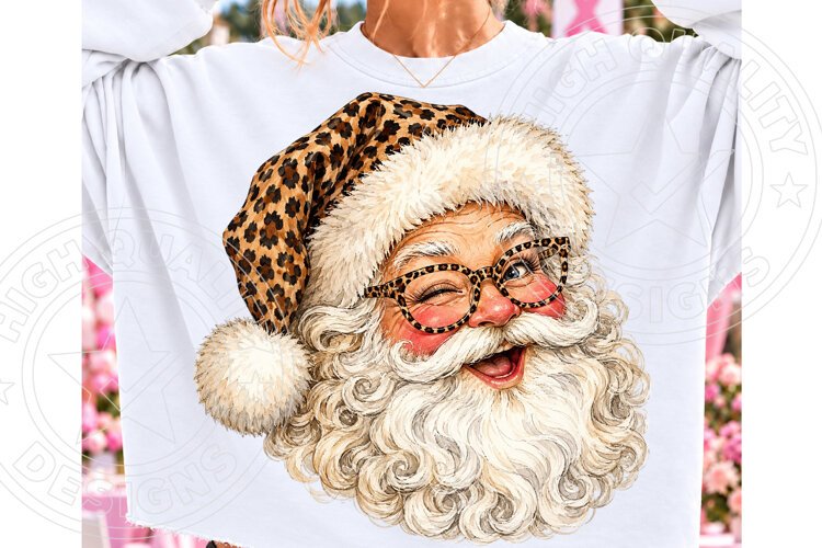 Funny Leopard Santa Face PNG | Winking Santa Christmas Subli example image 1