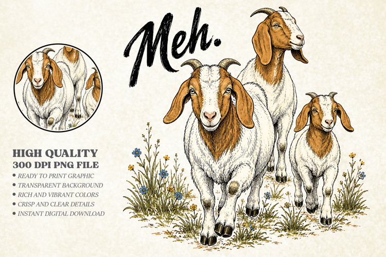 Funny Meh Goat Farm Life PNG, Vintage Boer Goat Design