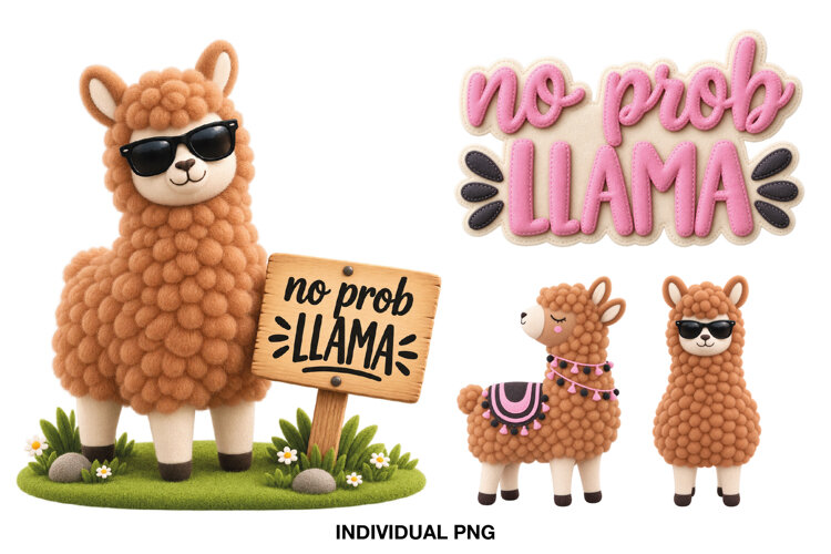 Four cute plush llama PNG graphics with funny and colorful designs