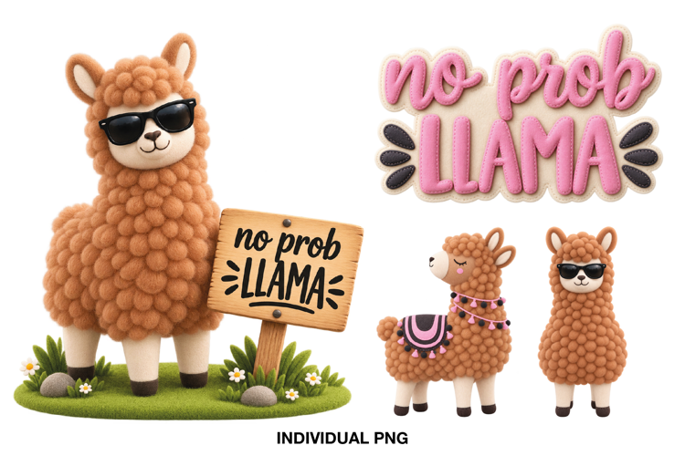 Funny Llama Clipart PNG, No Prob Llama, Cute Plush Llama