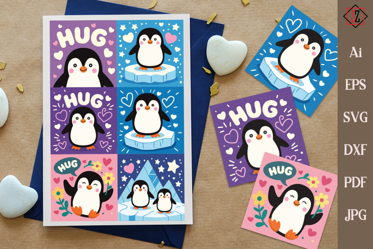 Cheerful penguins. Postcards. Vector