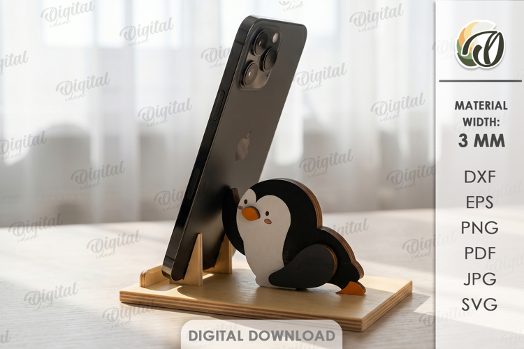 Funny Penguin Phone Holder Laser Cut. Phone Stand SVG