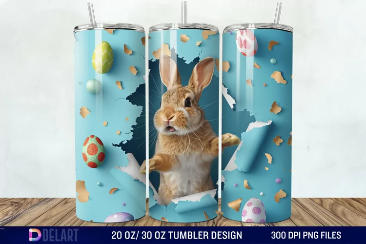 Funny Rabbit broke a hole in a paper Tumbler wrap