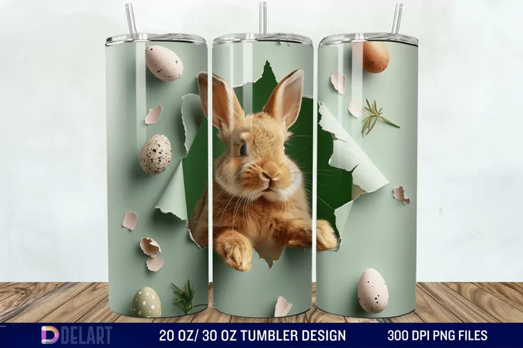 Funny Rabbit broke a hole in a paper Tumbler wrap