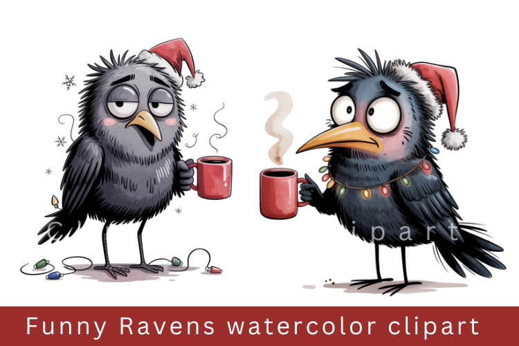 Funny Ravens watercolor clipart, sublimation graphics png