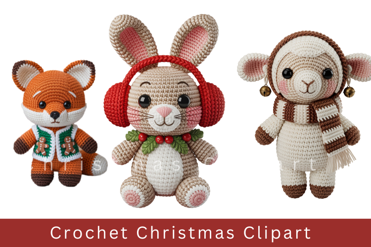 Crochet Christmas Clipart, crochet animal sublimation