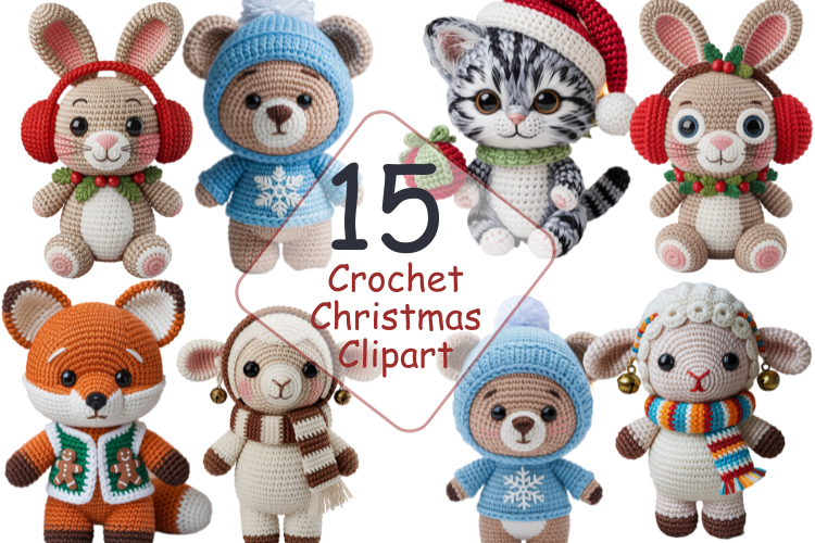 Crochet Christmas Clipart, crochet animal bundle