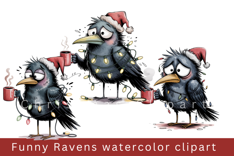 Funny Ravens watercolor clipart, sublimation graphics png
