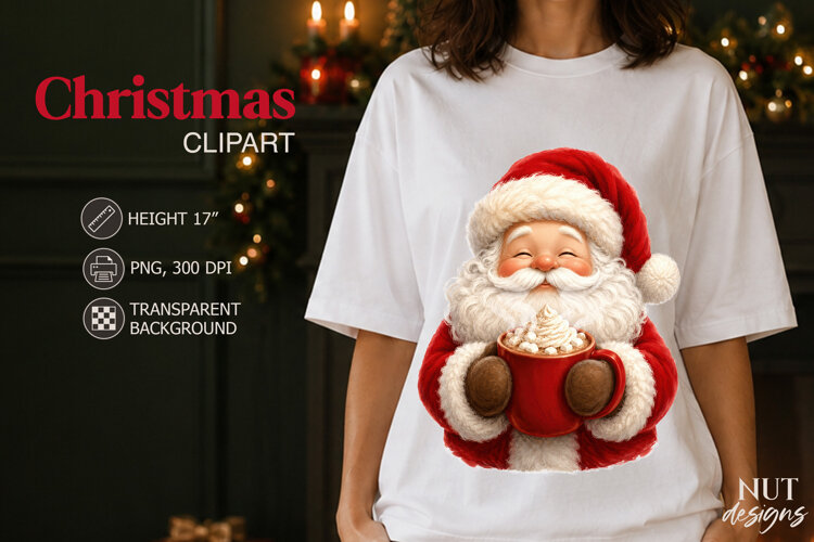Cute Santa Christmas Clipart Santa with Hot Cocoa mug example image 1