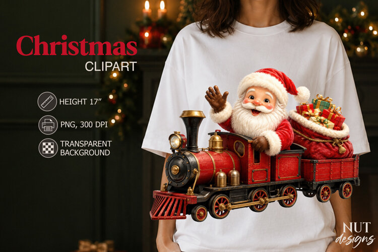 Cute Santa Christmas Clipart Santa Claus & train example image 1
