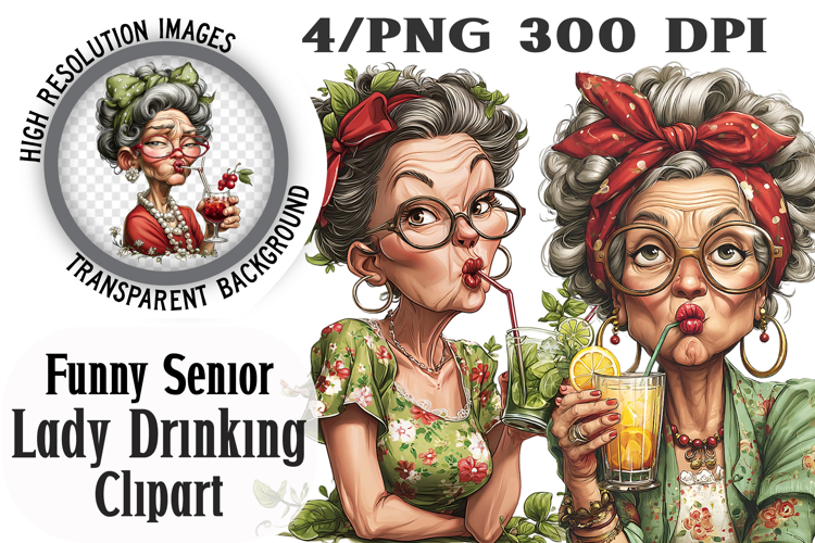 Funny Senior Lady Drinking Cocktail Clipart