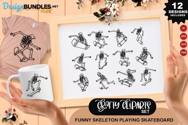 Funny Skeleton Playing Skateboard Clipart Set
