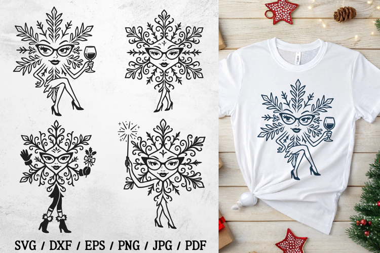 Funny Women Snowflake SVG Files, Christmas Fashion Clipart