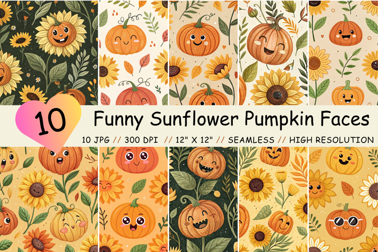 Funny Sunflower Pumpkin Faces Seamless Pattern, Digital Pape