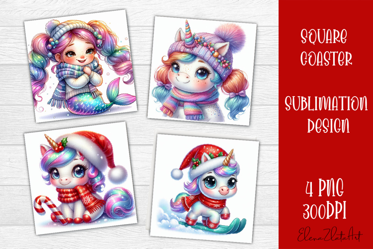 Funny unicorn Square Coaster Sublimation | unicorn christmas example image 1