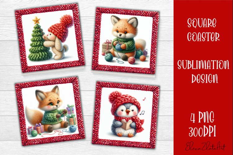 Funny animal Square Coaster Sublimation | Crochet Christmas