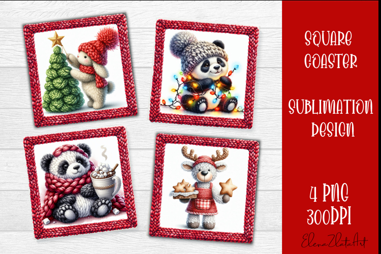 Funny animal Square Coaster Sublimation | Crochet Christmas