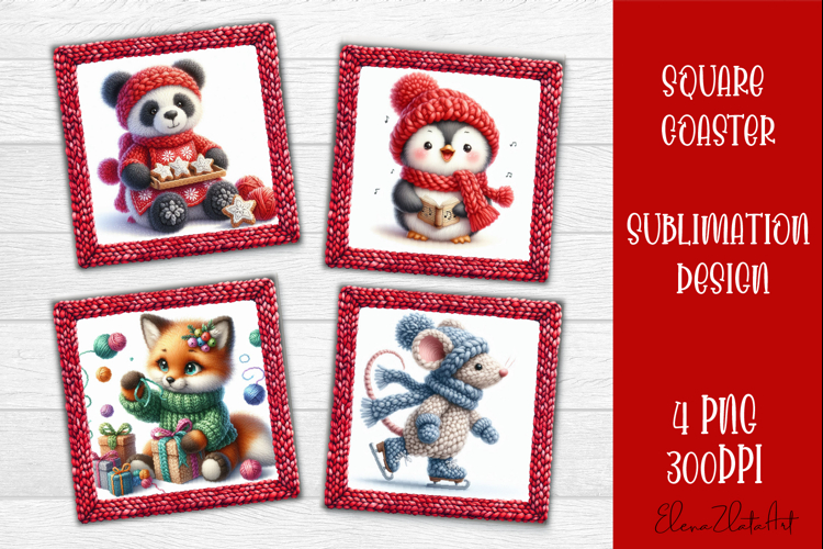Funny animal Square Coaster Sublimation | Crochet Christmas