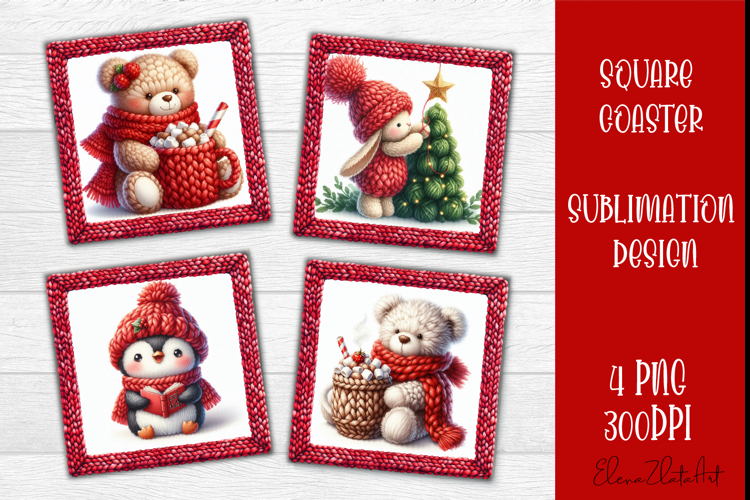 Funny animal Square Coaster Sublimation | Crochet Christmas