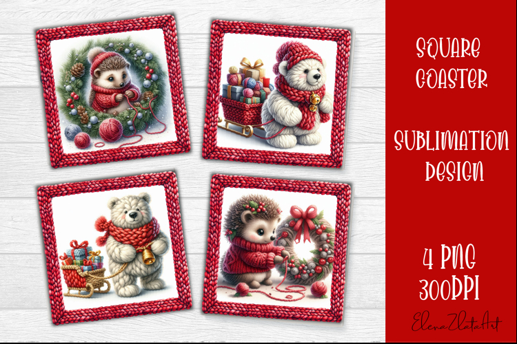 Funny animal Square Coaster Sublimation | Crochet Christmas