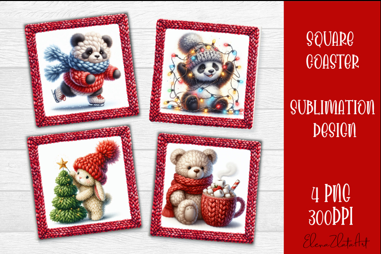 Funny animal Square Coaster Sublimation | Crochet Christmas