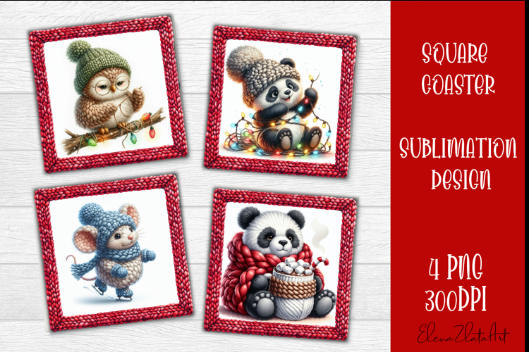 Funny animal Square Coaster Sublimation | Crochet Christmas