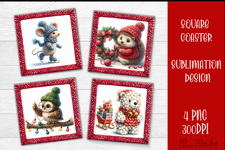Funny animal Square Coaster Sublimation | Crochet Christmas