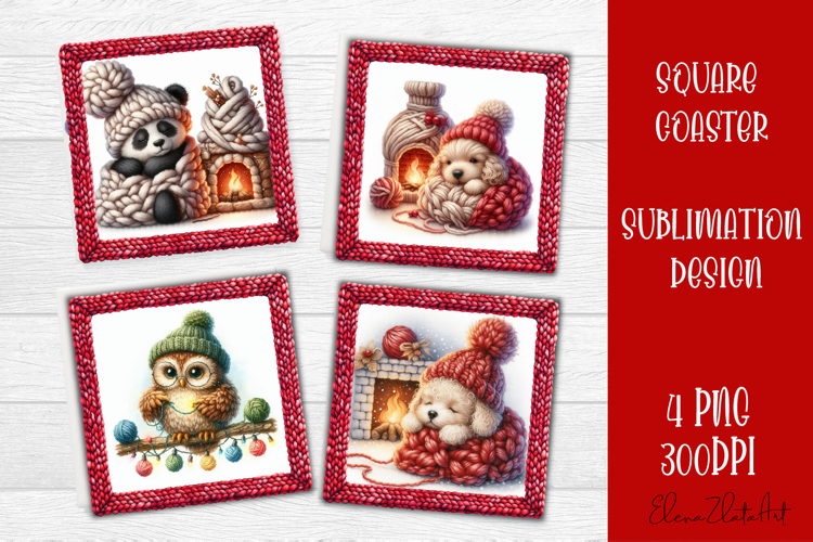 Funny animal Square Coaster Sublimation | Crochet Christmas