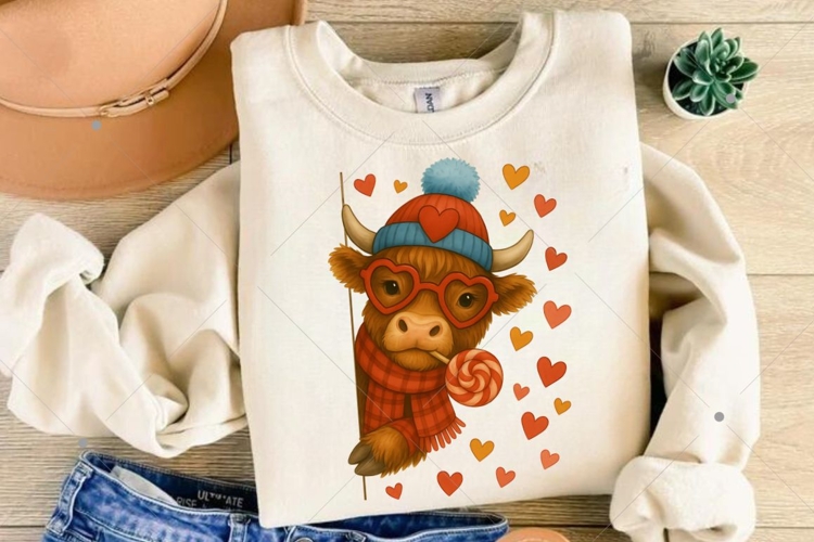 Funny Valentine Highland Cow PNG, Valentine Coquette Png