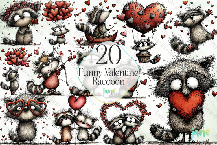 Funny Valentine Raccoon Clipart Bundle