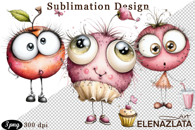 Kawaii Fruit Clipart | Watercolor Food Characters