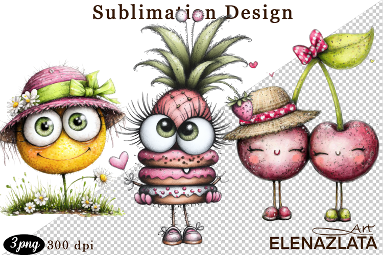 Kawaii Fruit Clipart | Watercolor Food Characters