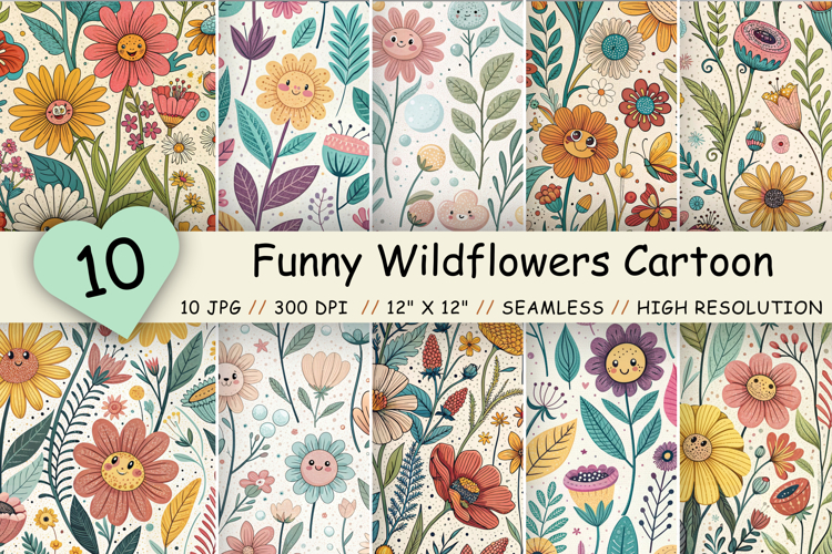 Funny Wildflowers Cartoon Pattern, Cute Comic Wildflower