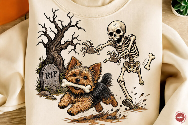 Funny Yorkie Skeleton Halloween Dog PNG example image 1