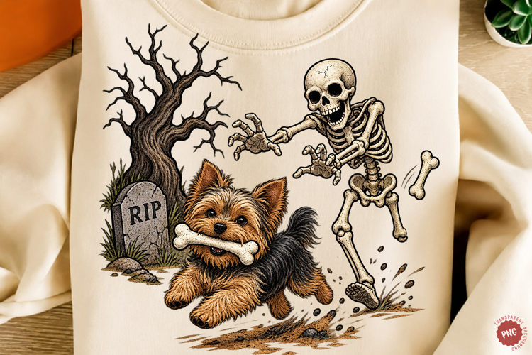 Funny Yorkie Skeleton Halloween Dog PNG