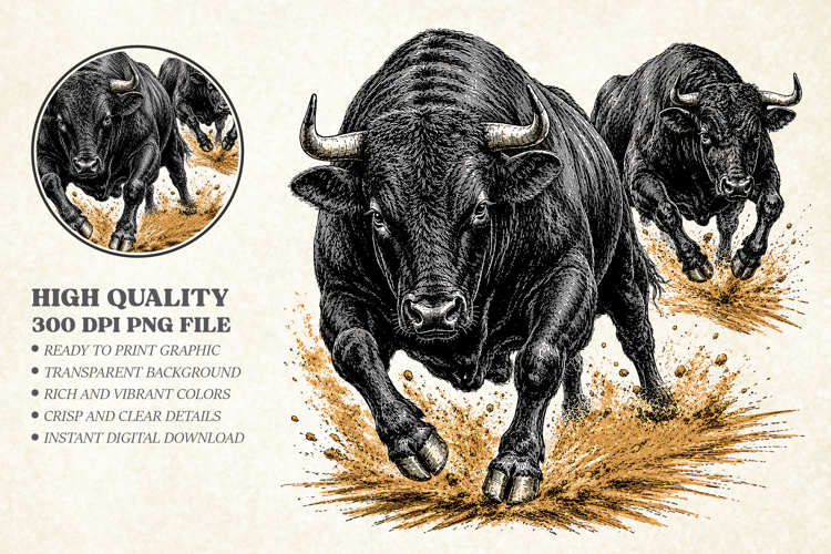 Furious Running Black Bull PNG, Charging Bull Illustration