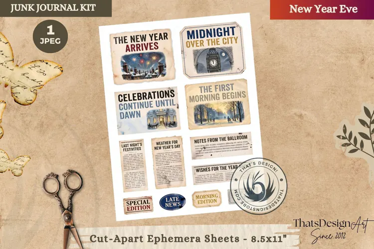 Vintage New Year Junk Journal fussy cut ephemera scrapbook