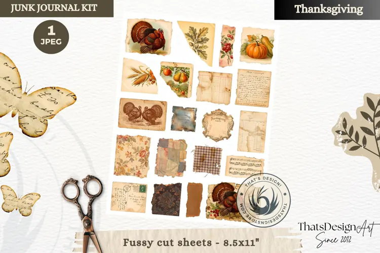 Vintage Thanksgiving Junk Journal fussy cut sheet ephemera