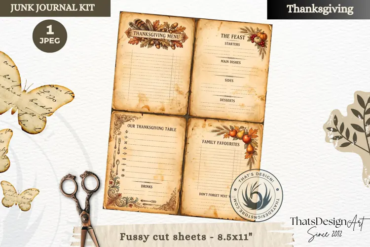 Vintage Thanksgiving Junk Journal fussy cut sheet ephemera