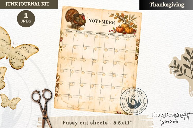 Vintage Thanksgiving Junk Journal calendar sheet ephemera example image 1