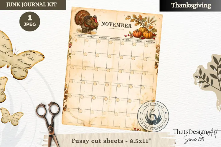 Vintage Thanksgiving Junk Journal calendar sheet ephemera