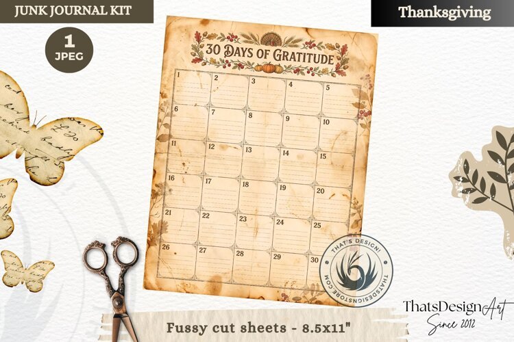 Vintage Thanksgiving Junk Journal calendar sheet ephemera example image 1